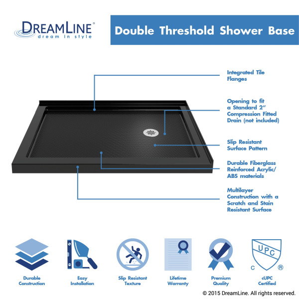 DreamLine DLT-103648-88 SlimLine 36" - 48" Double Threshold Shower Base In Black