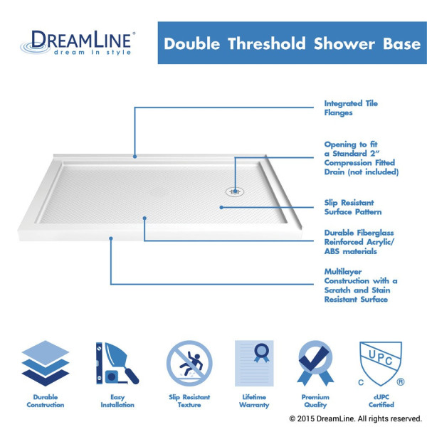 DreamLine DLT-1036542-P SlimLine 36x54" Double Threshold Shower Base