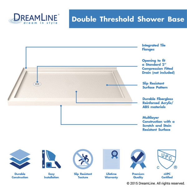 DreamLine DLT-103660-22 SlimLine 36 x 6" Double Threshold Shower Base In Biscuit