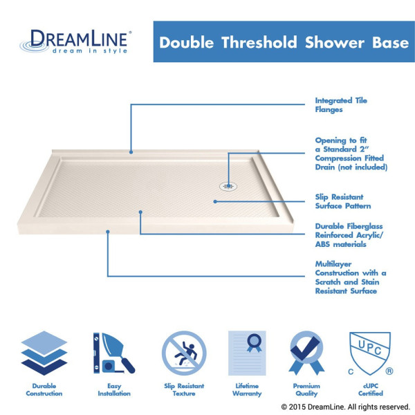 DreamLine DLT-103660-22 SlimLine 36 x 6" Double Threshold Shower Base In Biscuit