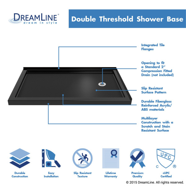 DreamLine DLT-103660-88 SlimLine Double Threshold Shower Base In Black Color