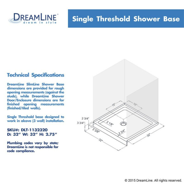 DreamLine DLT-113232 SlimLine 32 Inch by 32 Inch Single Threshold Shower Base 
