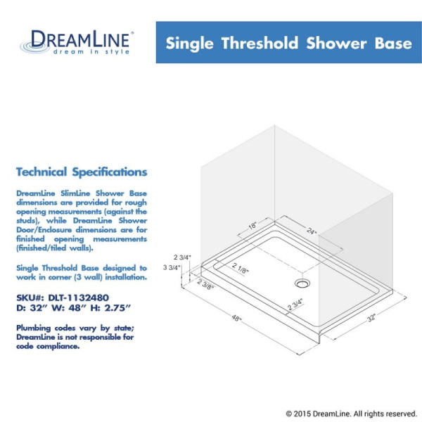 DreamLine DLT-113248 SlimLine 32 Inch by 48 Inch Single Threshold Shower Base 