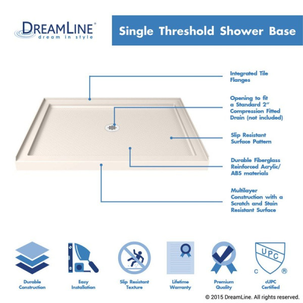 DreamLine DLT-113442 SlimLine Single Threshold Shower Base Center Drain Base