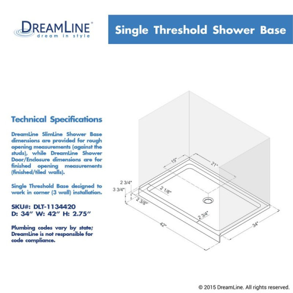 DreamLine DLT-113442 SlimLine Single Threshold Shower Base Center Drain Base