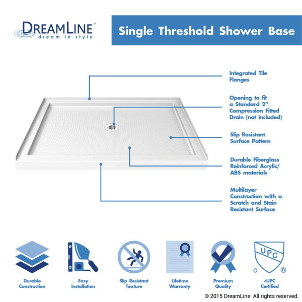 DreamLine DLT-113448 SlimLine 34" by 48" Single Threshold Shower Center Drain