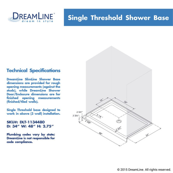 DreamLine DLT-113448 SlimLine 34" by 48" Single Threshold Shower Center Drain