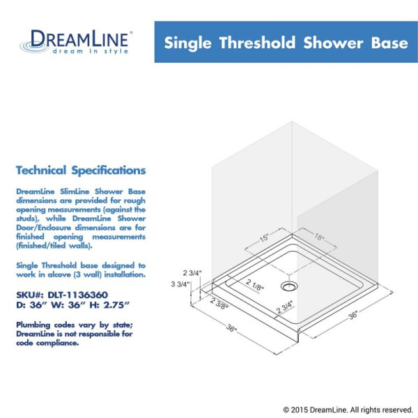 DreamLine DLT-113636 SlimLine 36 Inch by 36 Inch Single Threshold Shower Base