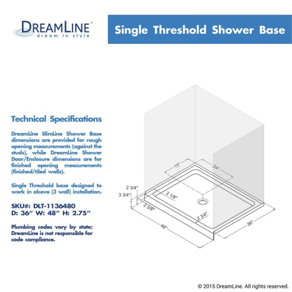 DreamLine DLT-113648 SlimLine 36 Inch by 48 Inch Single Threshold Shower Base