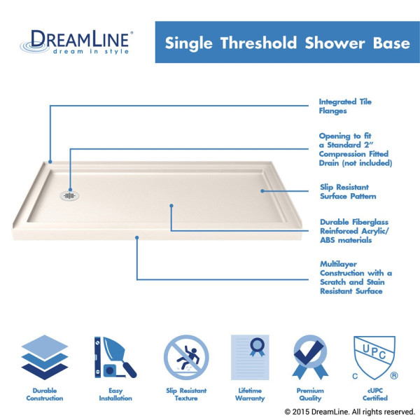 DreamLine DLT-113660-22 36" x 60" Single Threshold Shower Base In Biscuit Color