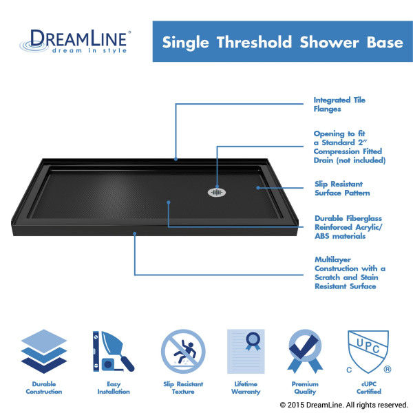 DreamLine DLT-113660-88 36" by 60" Single Threshold Shower Base In Black Color