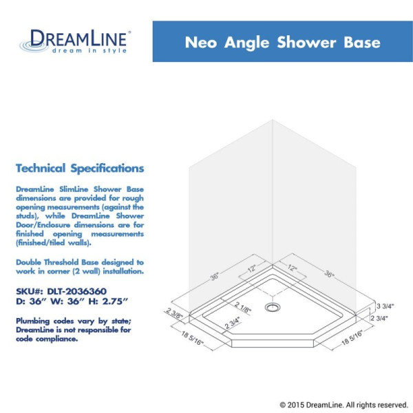 DreamLine DLT-203636 SlimLine 36 Inch by 36 Inch Neo-Angle Shower Base