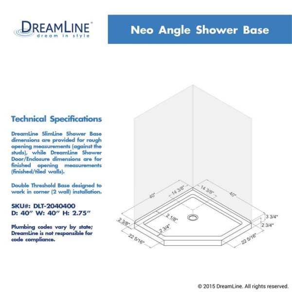 DreamLine DLT-204040 SlimLine 40 Inch by 40 Inch Neo-Angle Shower Floor