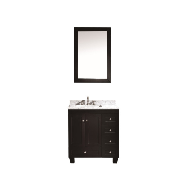Eviva EVVN69-30 Acclaim C. 30 Inch Transitional Bathroom Vanity with White Carrera Marble Top