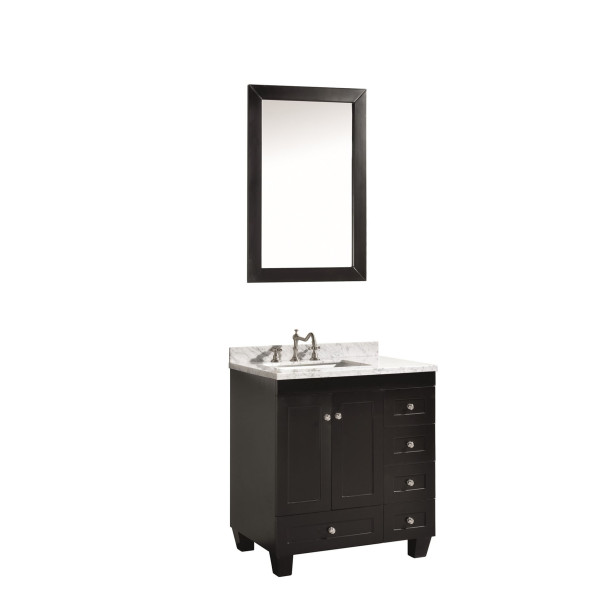 Eviva EVVN69-30 Acclaim C. 30 Inch Transitional Bathroom Vanity with White Carrera Marble Top