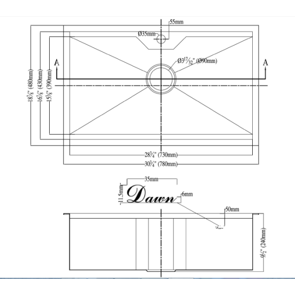 Dawn DSQ2817 30-3/4”L x 18-7/8”W x 9-1/2”D Dual Mount Square Single Bowl