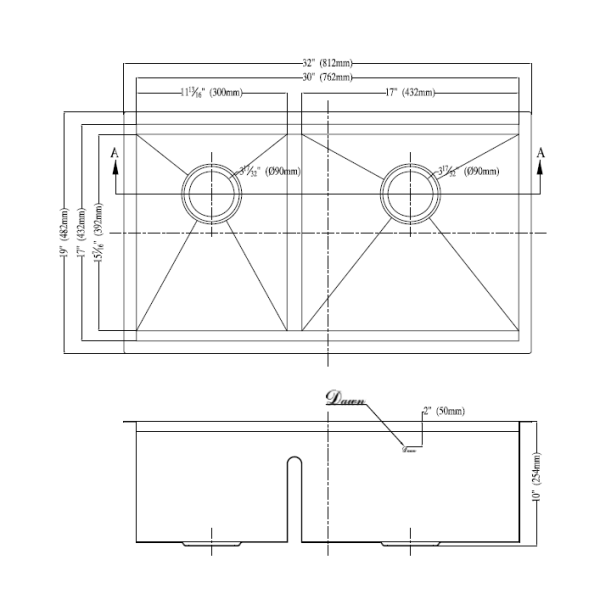Dawn DSQ301515 18G 32”L x 19”W x 10”D Dual Mount Square Double Bowl