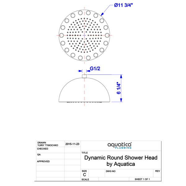 Aquatica DYN-BLCK-MCRD-300 Dynamo Shower Head In Black With LED Lights