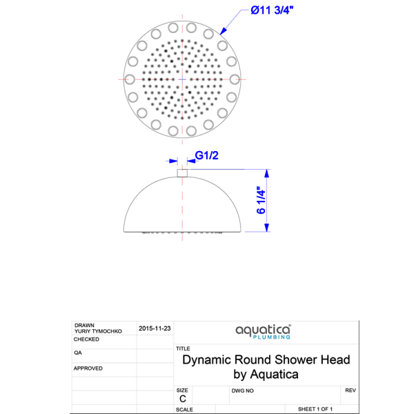 Aquatica DYN-MCRD-300 Dynamo Shower Head In Chrome With Seven colours LED Light