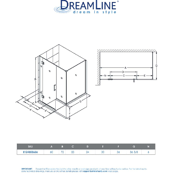 DreamLine E124303636 Unidoor-X 60 in. W x 36.375 in. D Hinged Shower Enclosure
