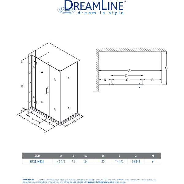 DreamLine E12514534 Unidoor-X 45.5 in. W x 34.375 in. D Hinged Shower Enclosure