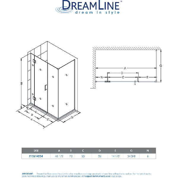 DreamLine E12614534 Unidoor-X 46.5 in. W x 34.375 in. D Hinged Shower Enclosure