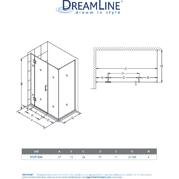 DreamLine E1271434 Unidoor-X 47 in. W x 34.375 in. D Hinged Shower Enclosure