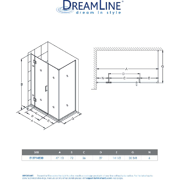 DreamLine E12714530 Unidoor-X 47.5 in. W x 30.375 in. D Hinged Shower Enclosure
