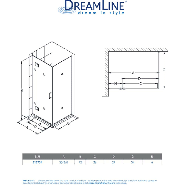 DreamLine E12734 Unidoor-X 33-3/8 in. W x 34 in. D Hinged Shower Enclosure