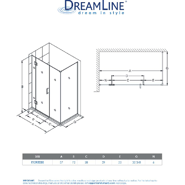 DreamLine E1292230 Unidoor-X 57 in. W x 30.375 in. D Hinged Shower Enclosure