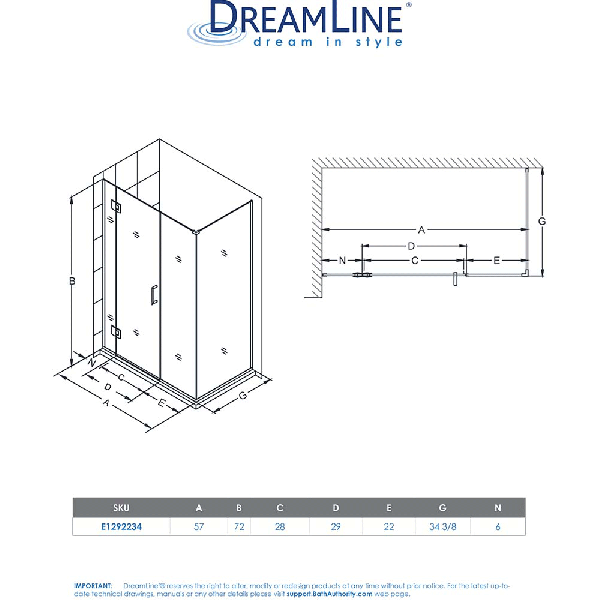 DreamLine E1292234 Unidoor-X 57" W x 34.375" D x 72" H Hinged Shower Enclosure
