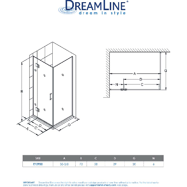 DreamLine E12930 Unidoor-X 35-3/8" W x 30" D x 72" H Hinged Shower Enclosure