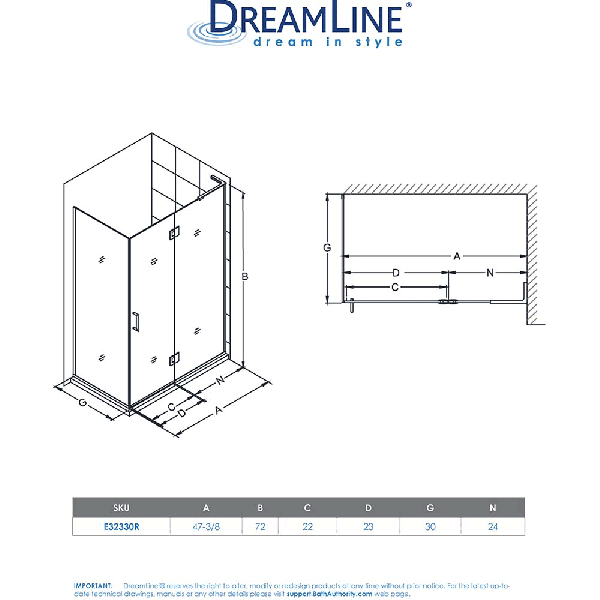 DreamLine 47-3/8 x 30 x 72" Hinged Shower Enclosure With Right-wall Bracket