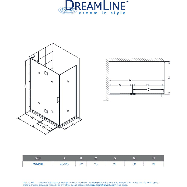 DreamLine E32430L Unidoor-X Hinged Shower Enclosure With Left-wall Bracket