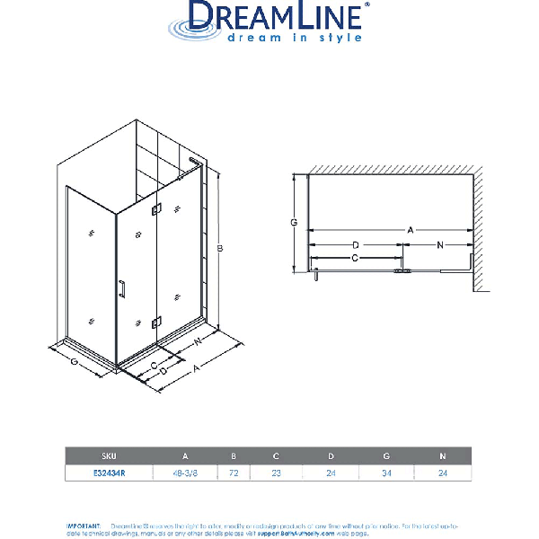DreamLine E32434R 48-3/8 x 34 x 72" Shower Enclosure With Right-wall Bracket