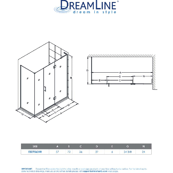 DreamLine E3270634R Unidoor-X Hinged Shower Enclosure With Right-wall Bracket