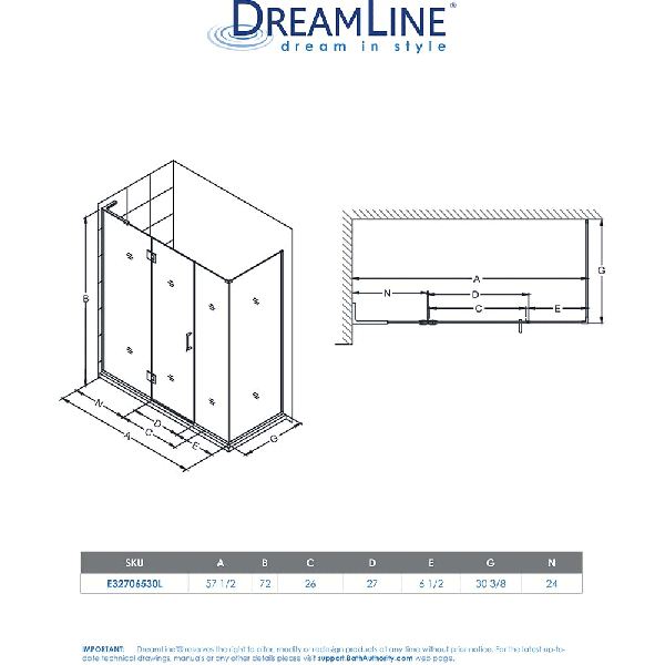 DreamLine E32706530L Unidoor-X Hinged Shower Enclosure With Left-wall Bracket
