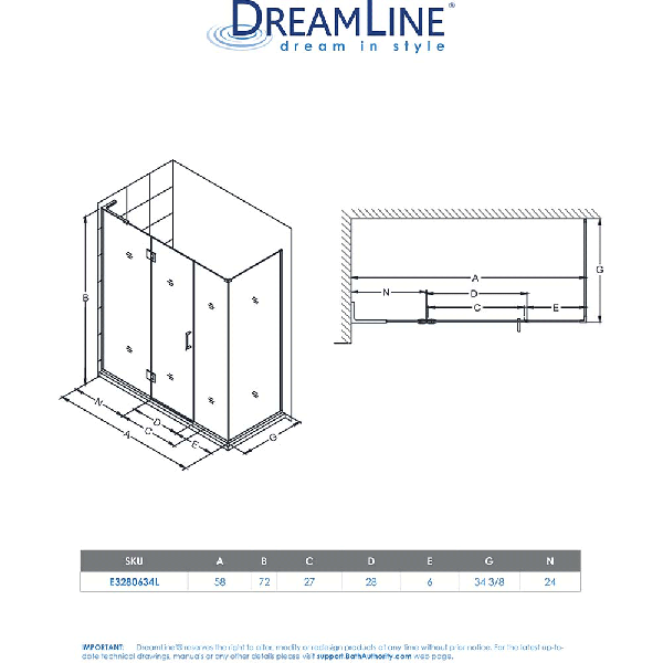 DreamLine E3280634L Unidoor-X 58 x 34.375" Shower Enclosure W/ Left-wall Bracket