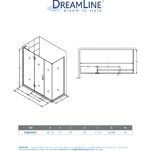 DreamLine E32806530L Unidoor-X Hinged Shower Enclosure With Left-wall Bracket