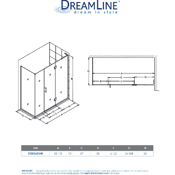 DreamLine E32806534R Unidoor-X Hinged Shower Enclosure With Right-wall Bracket