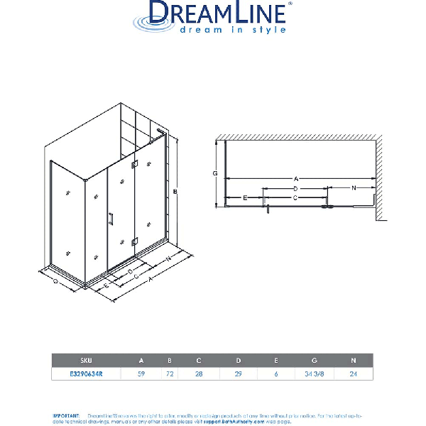 DreamLine E3290634R Unidoor-X Hinged Shower Enclosure With Right-wall Bracket