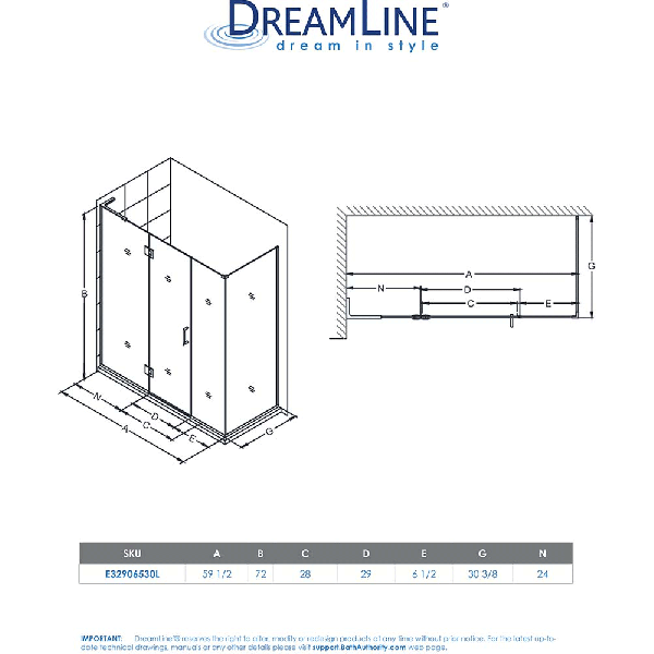 DreamLine E32906530L Unidoor-X 59.5 x 30.375 x 72" Hinged Shower Enclosure With 