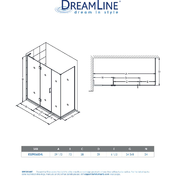 DreamLine E32906534L 59.5 x 34.375" Hinged Shower Enclosure W/ Left-wall Bracket