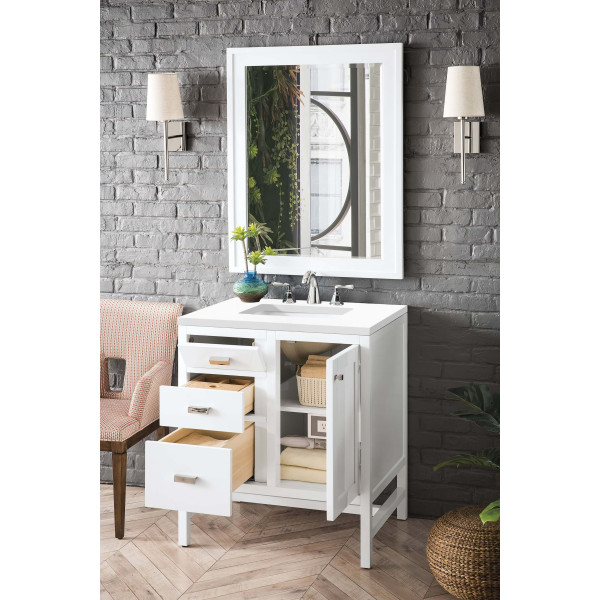 James Martin E444-V30-GW-3WZ Single Vanity Cabinet Glossy White w/ Quartz Top