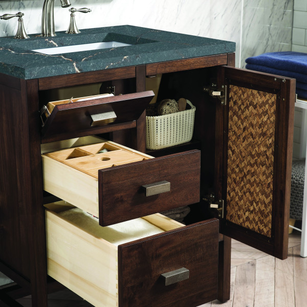 James Martin E444-V30-MCA-3PBL Vanity Mid-Century Acacia w/ Parisien Bleu Top