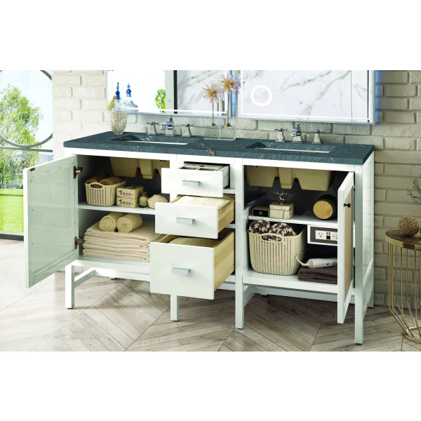 James Martin E444-V60D-GW-3PBL 60" Vanity Glossy White w/ 3 CM Parisien Bleu Top