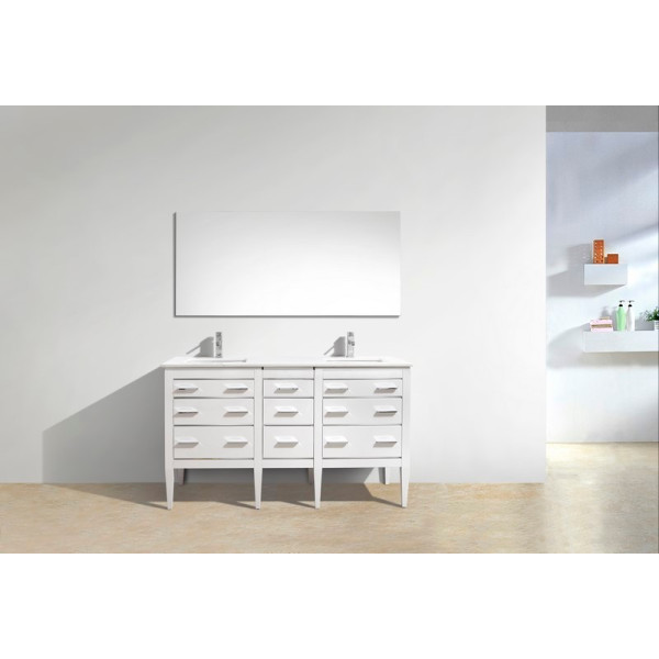 KubeBath E60-GW Eiffel 60'' Double Sink White Vanity w/ Quartz Counter Top