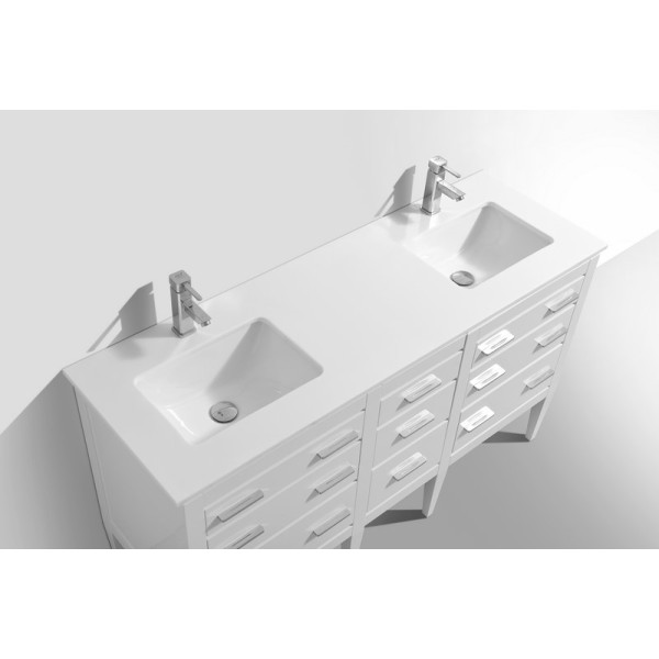 KubeBath E60-GW Eiffel 60'' Double Sink White Vanity w/ Quartz Counter Top