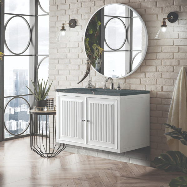 James Martin E645-V36-GW-3PBL 36" Vanity Glossy White w/ 3 CM Parisien Bleu Top