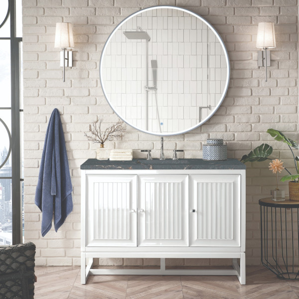 James Martin E645-V48-GW-3PBL 48" Vanity Glossy White w/ 3 CM Parisien Bleu Top